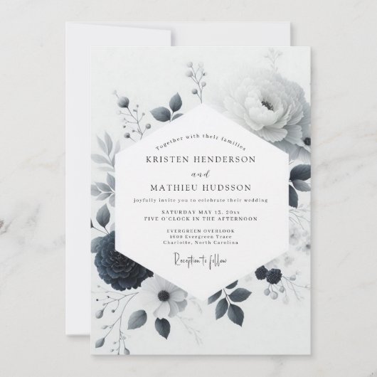 Charcoal Watercolor Bloom Wedding Kaart (Voorkant)