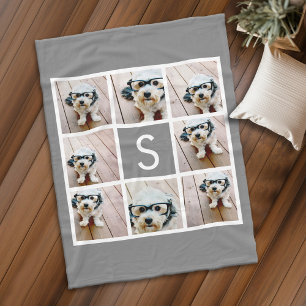 Charcoal White 8 Photo Collage Custom Monogram Fleece Deken