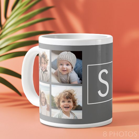 Charcoal White 8 Photo Collage Custom Monogram Grote Koffiekop