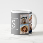 Charcoal White 8 Photo Collage Custom Monogram Grote Koffiekop (Voorkant rechts)