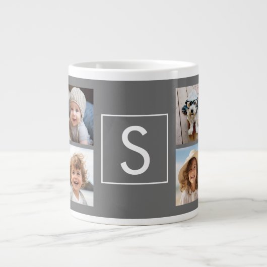 Charcoal White 8 Photo Collage Custom Monogram Grote Koffiekop (Voorkant)