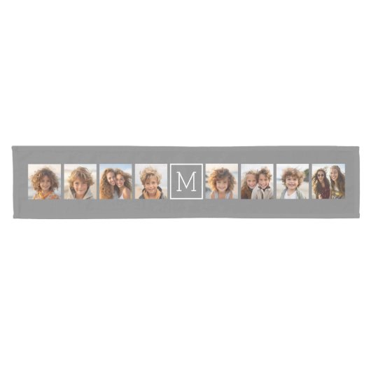 Charcoal White 8 Photo Collage Custom Monogram Korte Tafelloper (Horizontaal)
