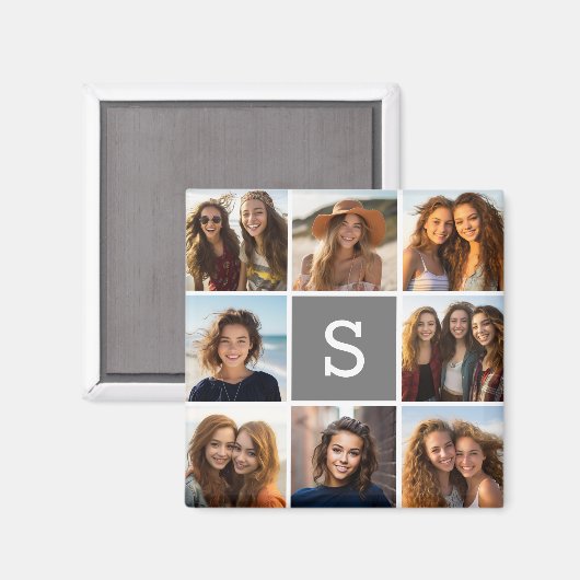 Charcoal White 8 Photo Collage Custom Monogram Magneet (Voorkant / Achterkant)