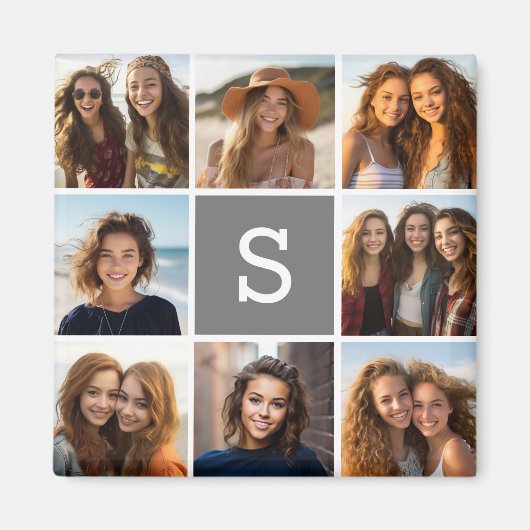 Charcoal White 8 Photo Collage Custom Monogram Magneet (Voorkant)