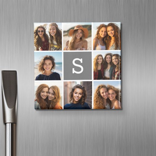 Charcoal White 8 Photo Collage Custom Monogram Magneet