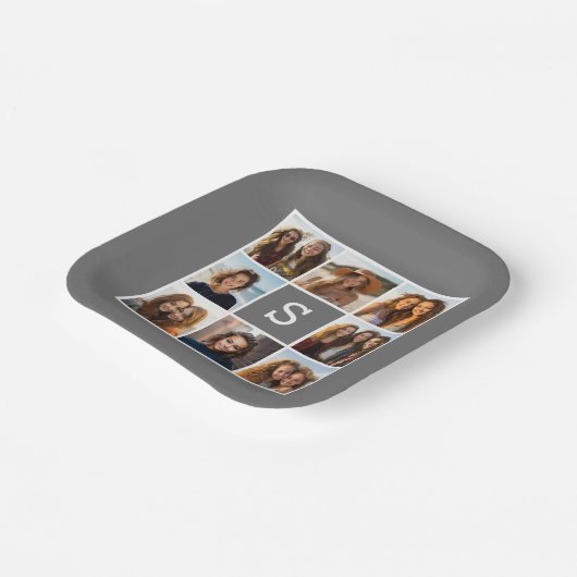 Charcoal White 8 Photo Collage Custom Monogram Papieren Bordje (Gebogen)