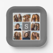 Charcoal White 8 Photo Collage Custom Monogram Papieren Bordje (Voorkant)