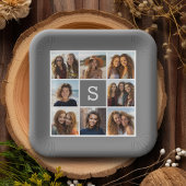 Charcoal White 8 Photo Collage Custom Monogram Papieren Bordje