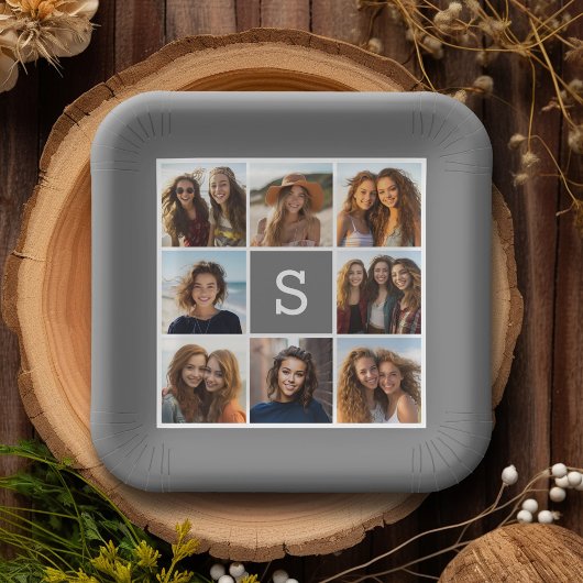 Charcoal White 8 Photo Collage Custom Monogram Papieren Bordje