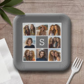 Charcoal White 8 Photo Collage Custom Monogram Papieren Bordje