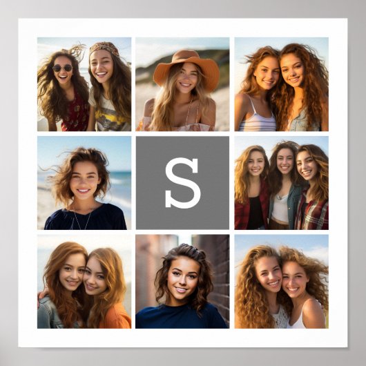 Charcoal White 8 Photo Collage Custom Monogram Poster (Voorkant)