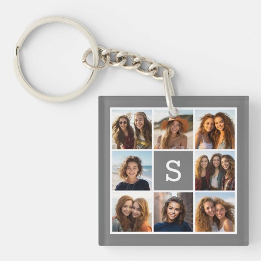 Charcoal White 8 Photo Collage Custom Monogram Sleutelhanger (Voorkant)