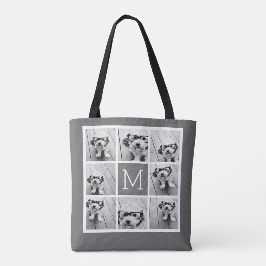 Charcoal White 8 Photo Collage Custom Monogram Tote Bag (Achterkant)