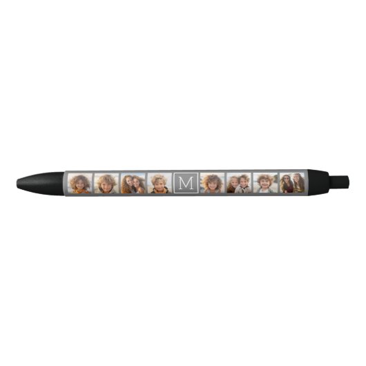 Charcoal White 8 Photo Collage Custom Monogram Zwarte Inkt Pen (Voorkant)