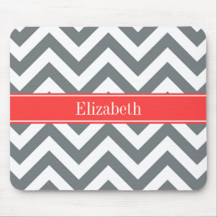 Charcoal White LG Chevron Coral Red Name Monogram Muismat