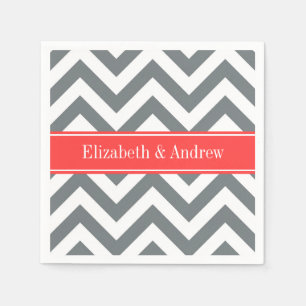 Charcoal White LG Chevron Coral Red Name Monogram Servetten