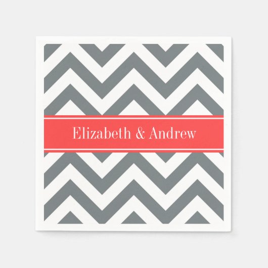 Charcoal White LG Chevron Coral Red Name Monogram Servetten (Voorkant)