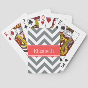 Charcoal White LG Chevron Coral Red Name Monogram Speelkaarten