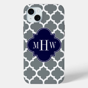 Charcoal White Moroccan #5 Navy 3 Initiaal Monogra iPhone 15 Mini Hoesje