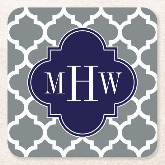 Charcoal White Moroccan #5 Navy 3 Initiaal Monogra Kartonnen Onderzetters (Voorkant)