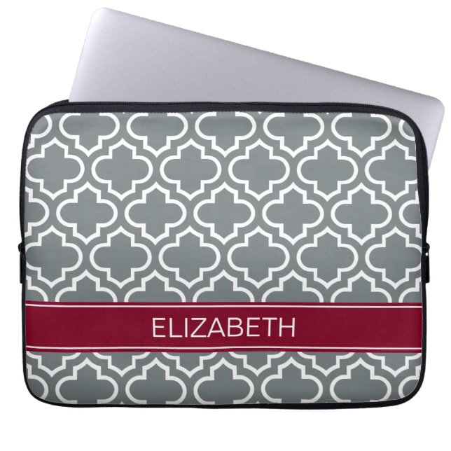 Charcoal White Moroccan #6 Burgundy Name Monogram Laptop Sleeve (Voorkant)