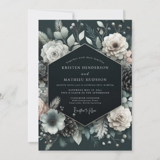 Charcoal Wintry Pine Wedding Kaart (Voorkant)