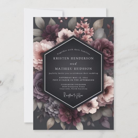 Charcoal Wistful Blossom Wedding Kaart (Voorkant)