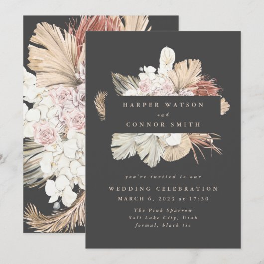 Charcoal Wreath Pampas Grass Floral Cream Wedding Kaart (Voorkant / Achterkant)