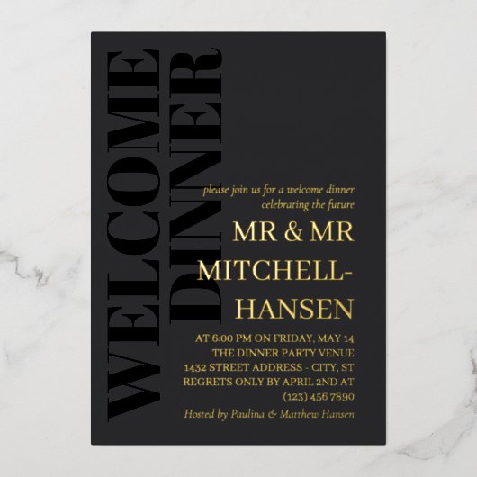 Charcoal Zwart & Goud Typografie Welkomstdiner Folie Uitnodiging (Voorkant)