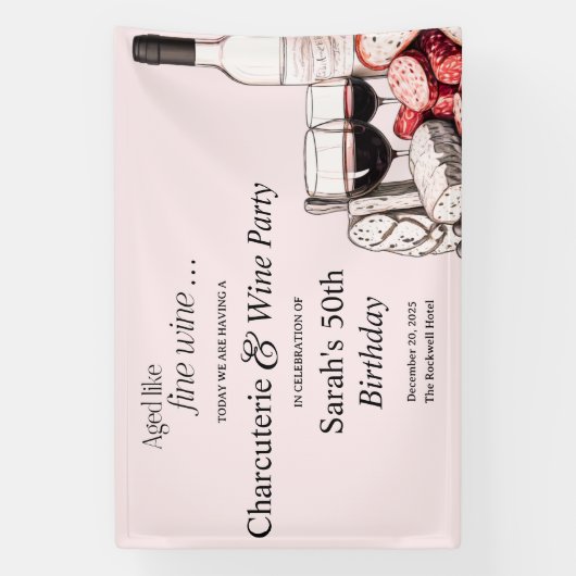 Charcuterie en rode wijn 50e verjaardag Blush Spandoek (Verticaal)