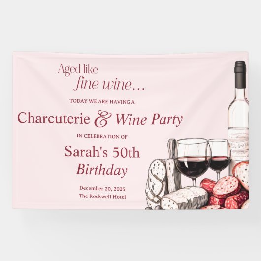 Charcuterie en rode wijn 50e verjaardag Blush Spandoek (Horizontaal)