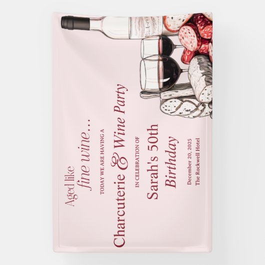 Charcuterie en rode wijn 50e verjaardag Blush Spandoek (Verticaal)