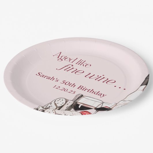 Charcuterie en wijn 50e verjaardag Blush Papieren Bordje (Gekanteld)