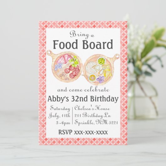 Charcuterie Food Board Verjaardag uitnodiging Roze (Staand voorkant)