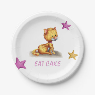 Charge Eat Cake Kitten Pink Collar Party Papieren Bordje