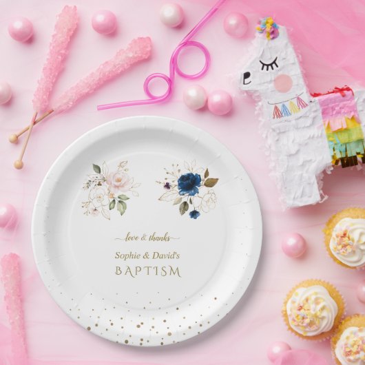 Charge Pink Blue Gold Flowers Twins Baptism Squ Papieren Bordje (Feest)