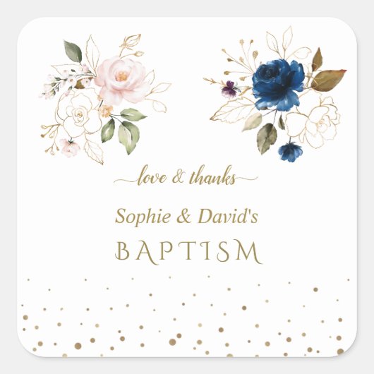 Charge Pink Blue Gold Flowers Twins Baptism Vierkante Sticker (Voorkant)