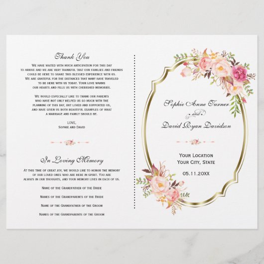 Charge Pink Blush Floral Gold Wedding Programme (Voorkant)