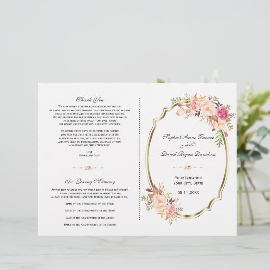 Charge Pink Blush Floral Gold Wedding Programme (Staand voorkant)