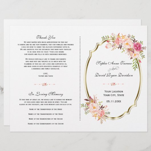 Charge Pink Blush Floral Gold Wedding Programme (Voorkant / Achterkant)