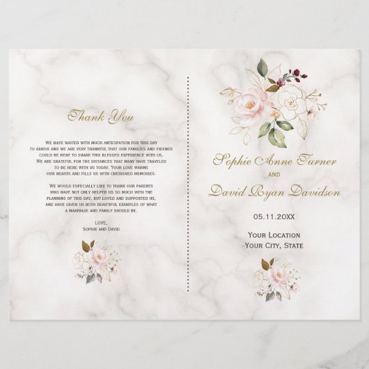 Charge Pink Gold Flowers Marble Wedding Program (Voorkant)