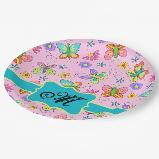 Charge Whimsy Butterflies Pink Monogram Papieren Bordje (Gekanteld)