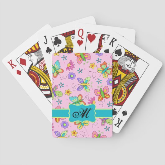 Charge Whimsy Butterflies Pink Monogram Pokerkaarten (Achterkant)
