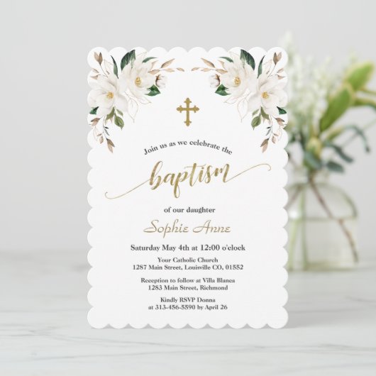 Charge White Magnolia Gold Baptism Calligraphy Kaart (Staand voorkant)