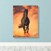 Charging Black Horse Fiery Sunset Art Canvas Afdruk (Insitu (Houten vloer))