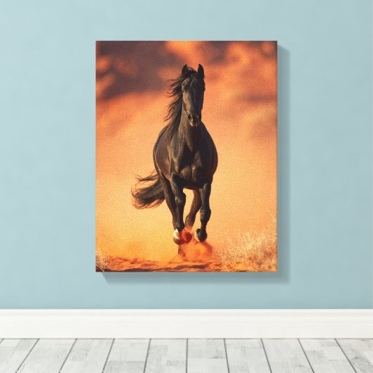 Charging Black Horse Fiery Sunset Art Canvas Afdruk (Insitu (Houten vloer))