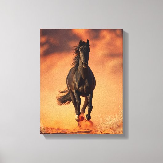 Charging Black Horse Fiery Sunset Art Canvas Afdruk (Voorkant)