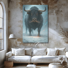 Charging Bull in de Sneeuw Winter Blauw Westerse K Canvas Afdruk