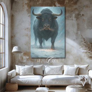 Charging Bull in de Sneeuw Winter Blauw Westerse K Canvas Afdruk