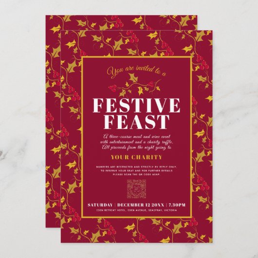 Charity Festive Feast gold red Kerstdiner Kaart (Voorkant / Achterkant)